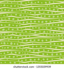 Abstract hand drawn wavy doodle lines and dots design in random placement. Vector seamless pattern on vibrant green background. Great for stationery, giftwrap, wellbeing, natural, organic products.