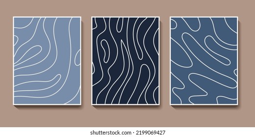 Abstract hand drawn wavy lines pattern posters set. Minimalist blue colors cover design. Vector doodle illustration for modern wall art, brochure, card, invitation