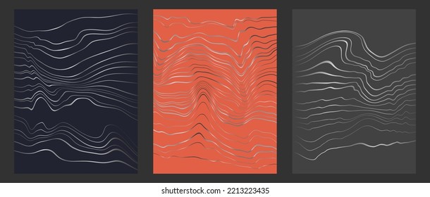 Abstract hand drawn wavy lines pattern posters set. Vector illustration with silver lines. Trendy set of abstract creative minimal artistic hand sketched geometric compositions for wall decoration.