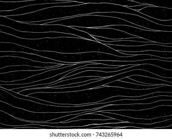 Abstract hand drawn wavy pattern, black background and silver stripes. Vector illustration.