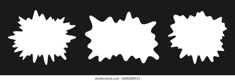 Abstract hand drawn wavy smooth monochrome white paint spot, blot, splash, explosion. Isolated on black background frame, sticker, text box for inscription sale, new. Flat vector illustration EPS10