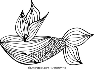 Abstract hand drawn whale isolated on white background. Vector illustration. Outline. Line art. Sketch