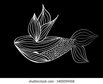 Abstract hand drawn whale isolated on black background. Vector illustration. Outline. Line art. Sketch