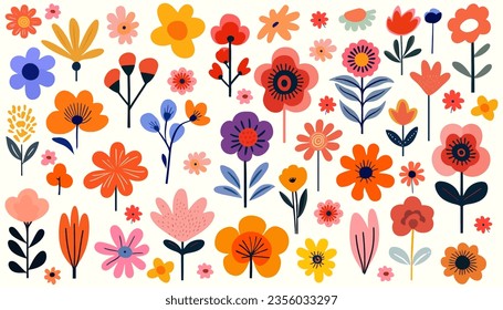 Abstract Hand drawn abstract wildflowers, set flowers and leaves, flat icons. Vector illustration