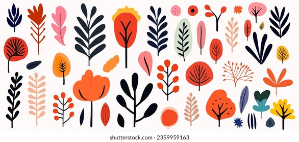 Abstract Hand drawn abstract wildflowers, set flowers and leaves, flat icons. Vector illustration