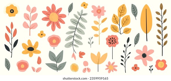 Abstract Hand drawn abstract wildflowers, set flowers and leaves, flat icons. Vector illustration