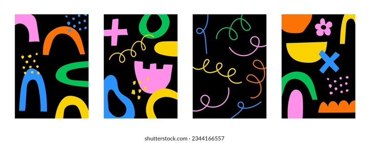 Abstract hand drawn Y2K naive trendy posters. Vector organic colorful doodle shapes backgrounds, patterns in 70s groovy retro style