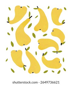 Abstract Hand Drawn Yellow Pears. Vector Illustation Of Childish Drawing-like Pears. Nursery Art With Healthy Fruits. Kids Room Decoration. Yellow Pears With Green Leaves On A White Background. RGB.	
