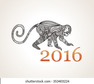 Abstract hand drawn zentangle monkey vector illustration. Ethnic black and white graphics. Pattern for coloring book. Henna Mehndi Tattoo Doodle design, poster, print, T-shirt, greeting card calendar
