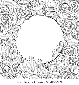 Abstract hand drawn zentangle style round vector frame. Doodle art decorative border.