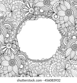 Abstract hand drawn zentangle style round vector frame. Doodle art decorative border.