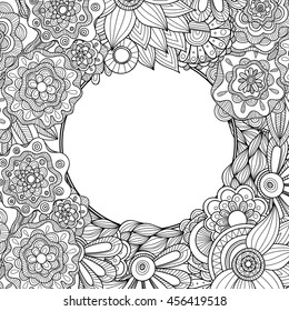 Abstract hand drawn zentangle style round vector frame. Doodle art decorative border.