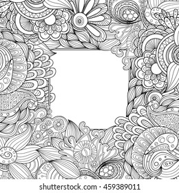 Abstract hand drawn zentangle style vector frame. Doodle art decorative border.