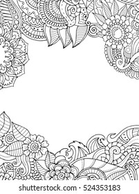 Abstract hand drawn zentangle style vector banner frame. Doodle art decorative border. Floral postcard template.