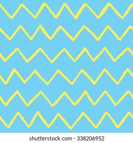 Abstract hand drawn zig zag lines seamless vector pattern blue and yellow