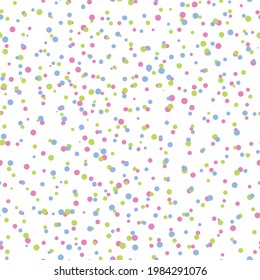 Abstract hand drown polka dots background. White seamless pattern with pink, blue circles. Template design for invitation, poster, card, flyer, banner, textile, fabric.
