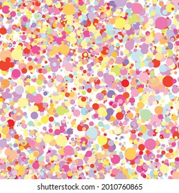 Abstract hand drown polka dots background. White dotted seamless pattern with rainbow circles. Template design for for Birthday, party holiday, banner, textile, fabric. Summer confetti  illustration.