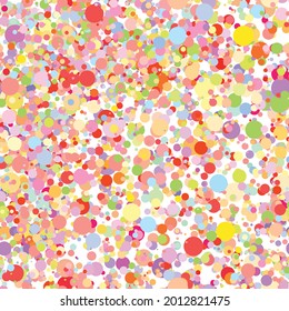 Abstract hand drown polka dots background. White dotted seamless pattern with rainbow circles. Template design for for Birthday, party holiday, banner, textile, fabric. Summer confetti  illustration.