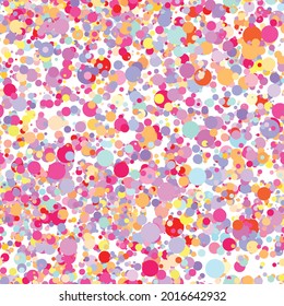 Abstract hand drown polka dots background. White dotted seamless pattern with rainbow circles. Template design for for Birthday, party holiday, banner, textile, fabric. Summer confetti  illustration.