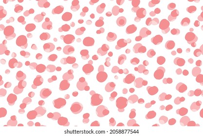 Abstract hand drown polka dots background. White dotted seamless pattern with pink circles. Template design for invitation, poster, card, flyer, textile, fabric.