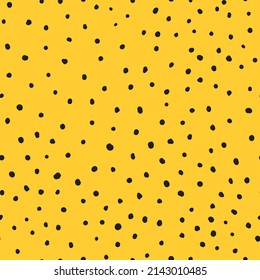 Abstract hand drown polka dots background. Yellow dotted seamless pattern with black circles. Template design for invitation, poster, card, flyer, textile, fabric.