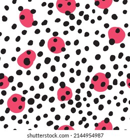 Abstract hand drown polka dots background. White dotted seamless pattern with black circles. Template design for invitation, poster, card, flyer, textile, fabric.