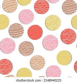 Abstrakte Hand ertrinkt Polka Punkte Hintergrund. Weiß gepunktetes nahtloses Muster mit Farbkreisen. Template Design für Einladung, Poster, Karte, Flyer, Textilien, Stoff.