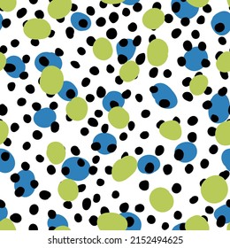 Abstract hand drown polka dots background. White dotted seamless pattern with color circles. Template design for invitation, poster, card, flyer, textile, fabric.