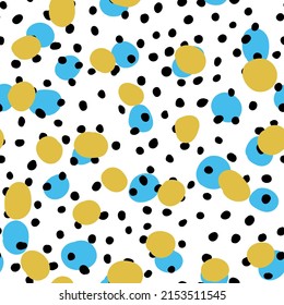 Abstract hand drown polka dots background. White dotted seamless pattern with color circles. Template design for invitation, poster, card, flyer, textile, fabric.