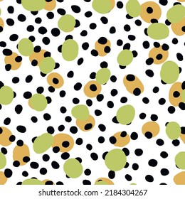 Abstrakte Hand ertrinkt Polka Punkte Hintergrund. Weiß gepunktetes nahtloses Muster mit Farbkreisen. Template Design für Einladung, Poster, Karte, Flyer, Textilien, Stoff.