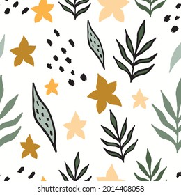 Abstract hand drown tropical seamless pattern with leaves. for wallpapers, textiles, papers, fabrics, web pages. Leaf ornament, vintage style. Vector illustration.