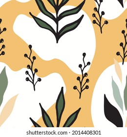 Abstract hand drown tropical seamless pattern with leaves. for wallpapers, textiles, papers, fabrics, web pages. Leaf ornament, vintage style. Vector illustration.