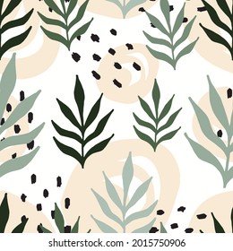 Abstract hand drown tropical seamless pattern with leaves. for wallpapers, textiles, papers, fabrics, web pages. Leaf ornament, vintage style. Vector illustration.