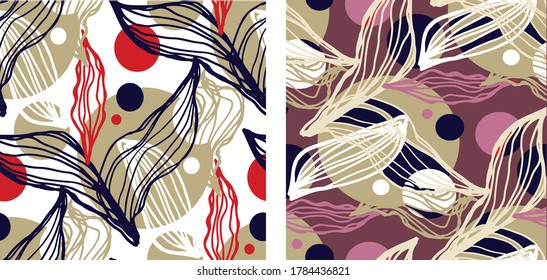 Abstract hand dtawn floral template set. Leaf and flower art for pattern, background, fabric, t-shirt design.
