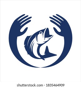 abstract hand and fish save fish icon logo vector flat concept design