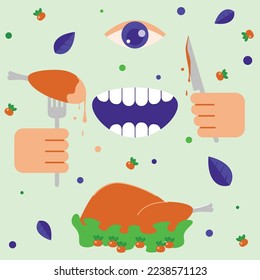 Abstract hand with fork and turkey leg and hand with knife, Thanksgiving dinner concept illustration.