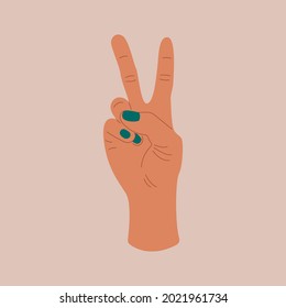 Abstract hand gesture. Hand drawn colorful cartoon hand icon with fingers counting two. Vector illustration