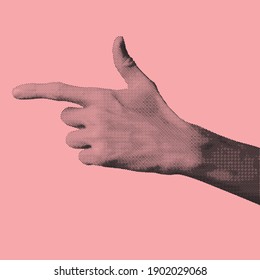 Abstract hand gesture illustration of pointing finger made of dots pattern isolated on pink background