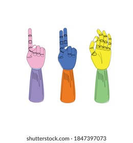 Abstract hand gesture to show one two and three with your fingers. Line artwork.