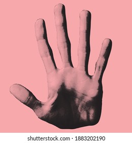 Resumen gesto manual ilustración vectorial de NO o Stop hecho de patrón de puntos aislados en fondo rosa