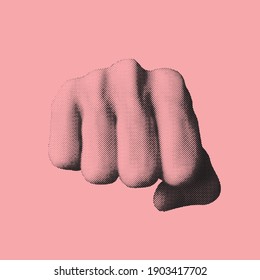 Abstract hand gesture vector shape illustration with pointing forward fist made from small round black dots in pink background with copy space