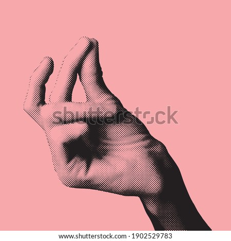 Abstract hand gesture vector shape illustration with snapping fingers combination made from small round black dots in pink background with copy space
