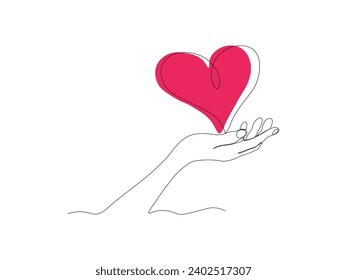Abstracto mano con corazón, amor, dibujo de una línea de arte mano continuo