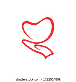 Abstract hand and heart symbol, icon on white backdrop. Care, save concept