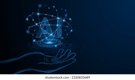 Abstract hand holding AI or artificial intelligence symbol. Modern futuristic AI technology circuit board concept
