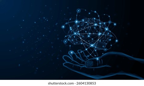 Abstract hand is holding an artificial neural network or artificial intelligence brain. Digital brain science for future learning. modern technology innovation concept background	