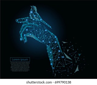 Abstract hand holding bird vector wire frame Light connection structure. Low poly vector background. Business concept.