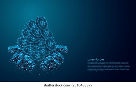 Mano Abstractas que sostiene las pilas de monedas de dinero bajo poli wireframe Una pila de monedas de dólar sobre un fondo azul moderno, utilizando una Ilustración vectorial de marco de alambre de poli baja futurista. Concepto de ahorro de dinero.