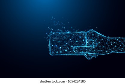 Abstract Hand Holding Credit Card Form Lines And Triangles, Point Connecting Network On Blue Background. Illustration Vector