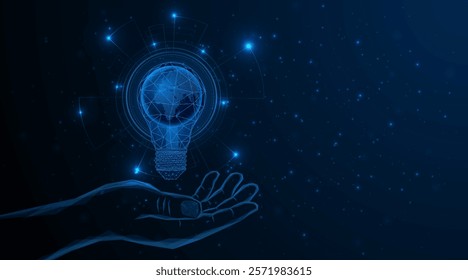 abstract hand holding electric light bulb or creative light bulb with a globe or world map inside. Global internet connection concept for business Advanced digital technology